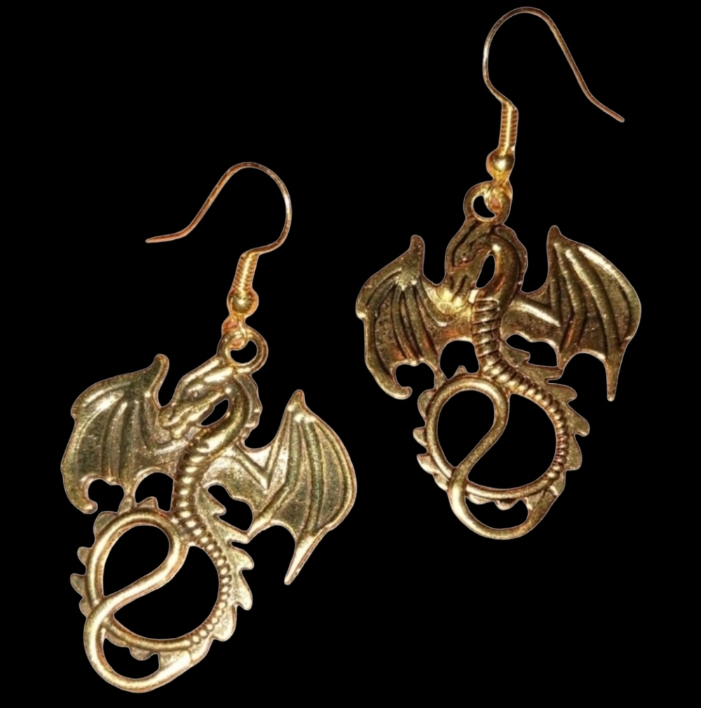 Dragon Earrings Gold Metal Charms Brass Dangle Charm Dragons Handmade Gift KATTA